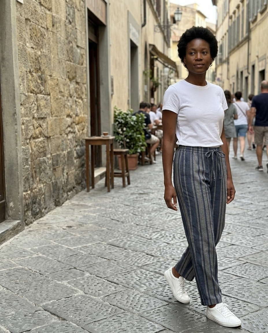 Striped Wide-Leg Drawstring Linen Pants worn in an everyday street setting