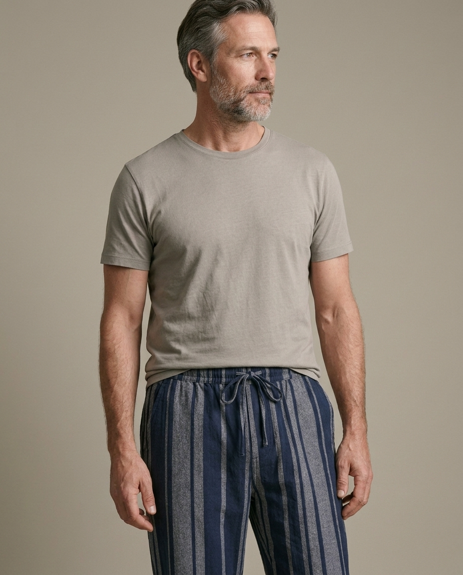 Striped Wide-Leg Drawstring Linen Pants worn by a model, close waist-up view