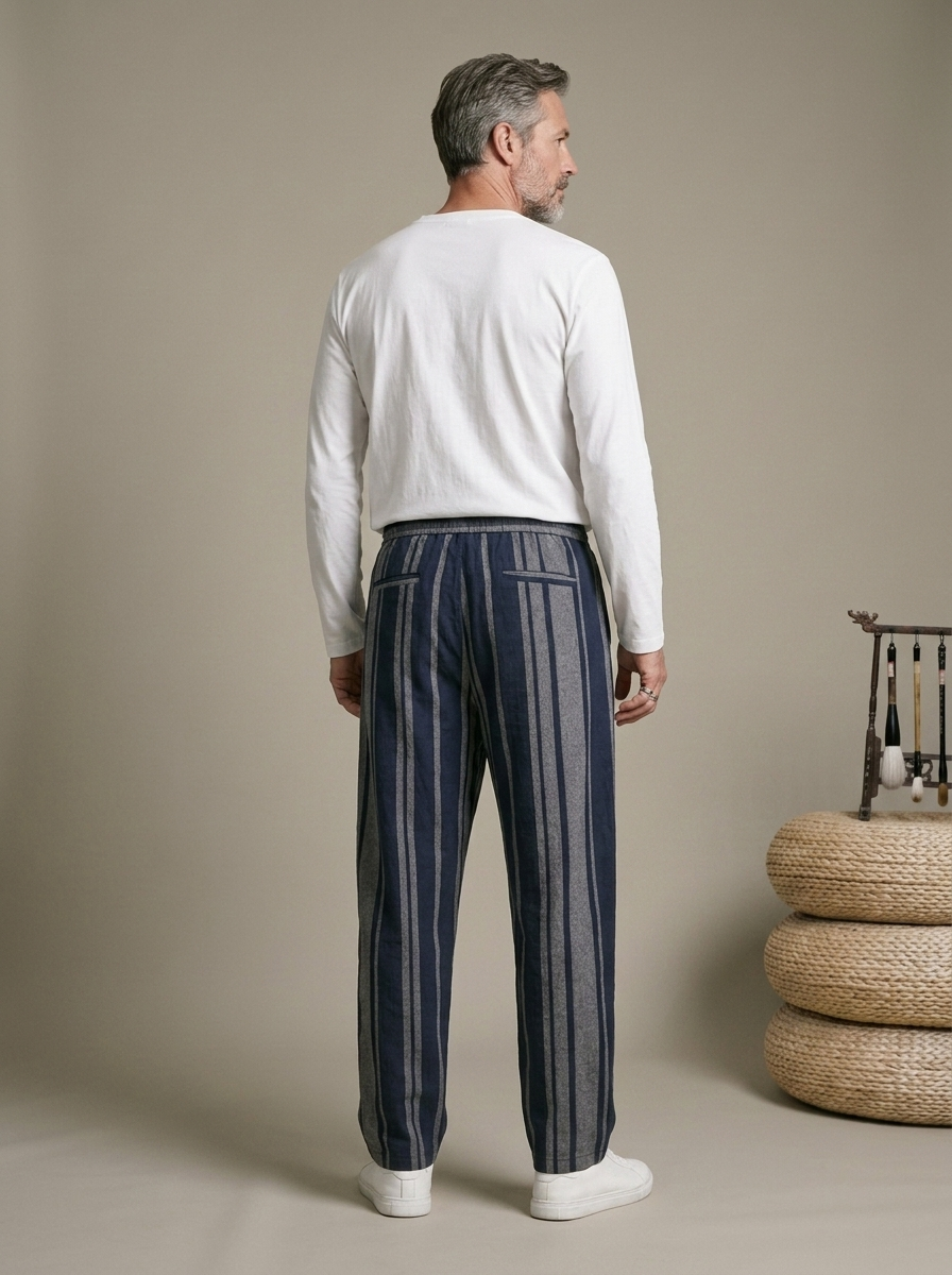 Striped Wide-Leg Drawstring Linen Pants worn by a model, back view