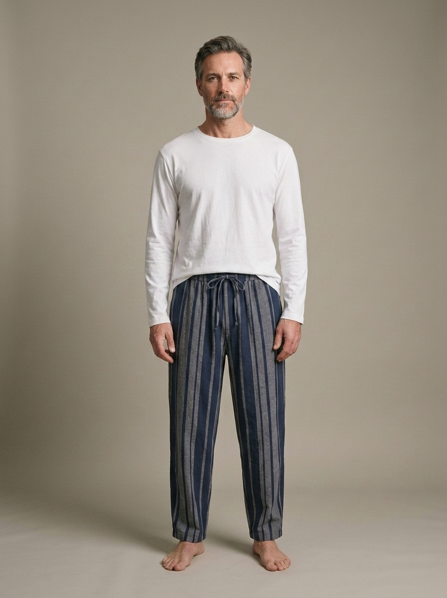 Striped Wide-Leg Drawstring Linen Pants worn by a model, front view