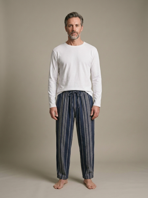 Striped Wide-Leg Drawstring Linen Pants worn by a model, front view