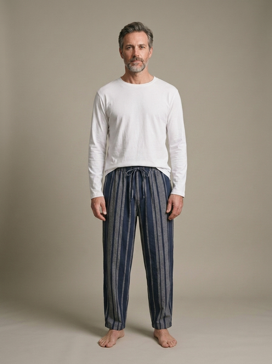 Striped Wide-Leg Drawstring Linen Pants worn by a model, front view