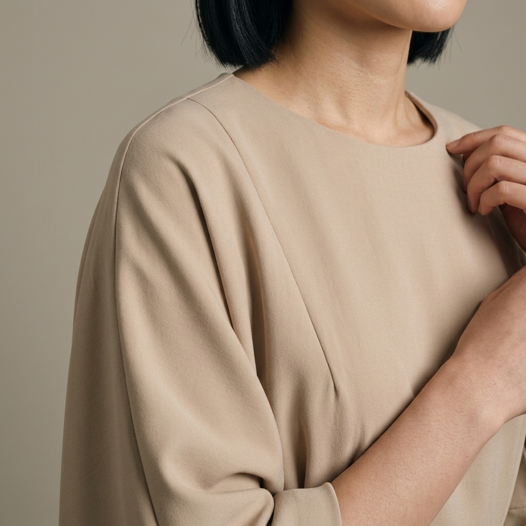 Close-up of Structured Dolman Sleeve Wrap Midi Dress detail