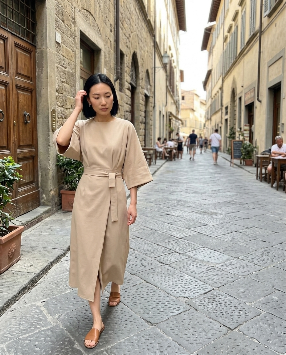Structured Dolman Sleeve Wrap Midi Dress worn in an everyday street setting