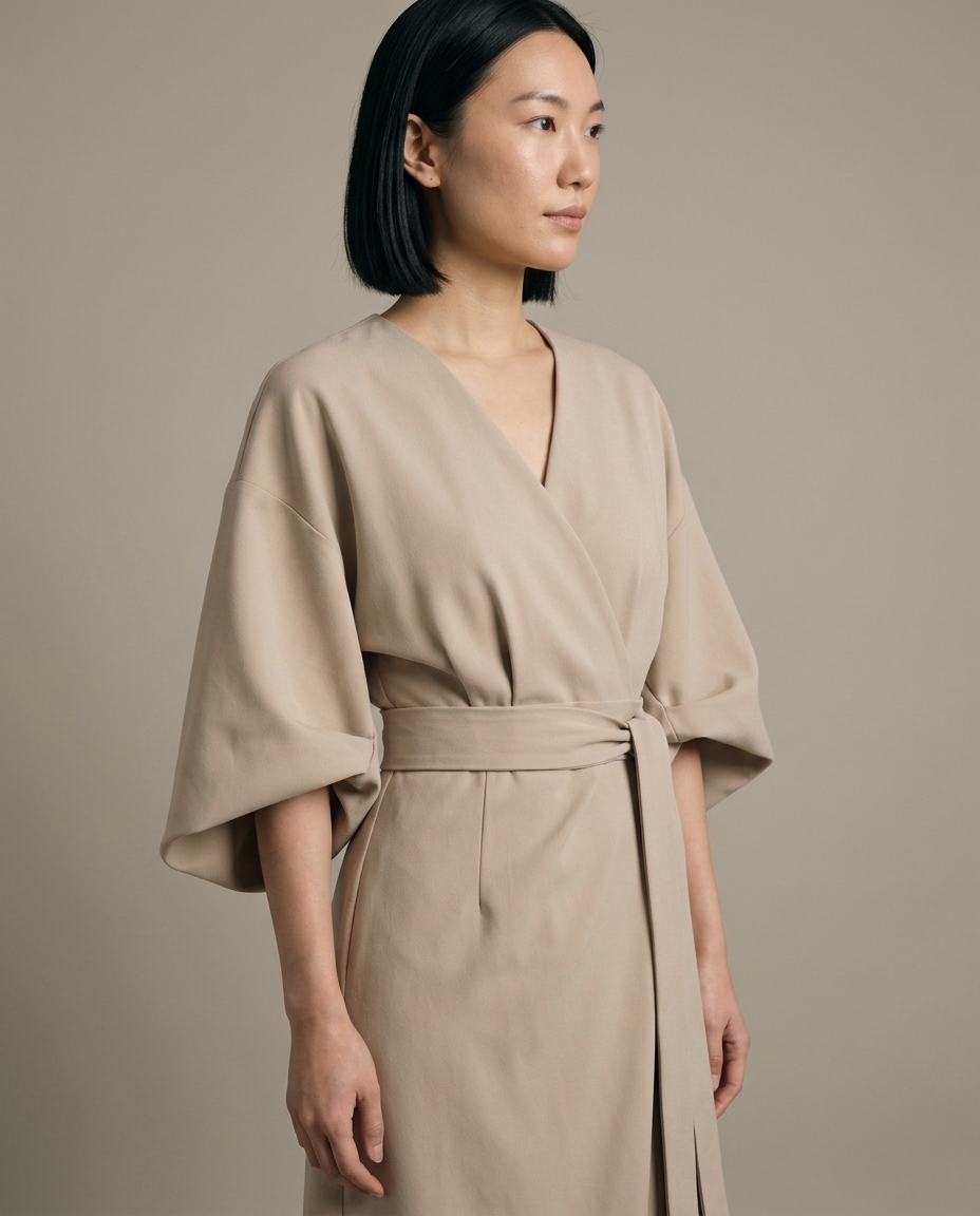 Structured Dolman Sleeve Wrap Midi Dress worn by a model, close waist-up view