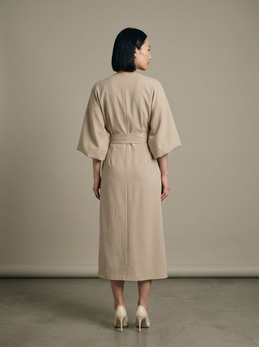 Structured Dolman Sleeve Wrap Midi Dress worn by a model, back view