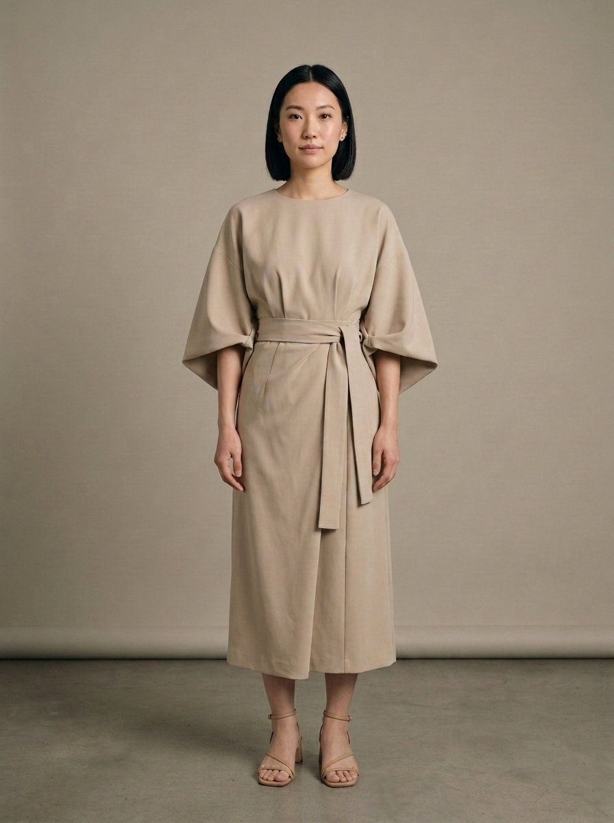 Structured Dolman Sleeve Wrap Midi Dress worn by a model, front view