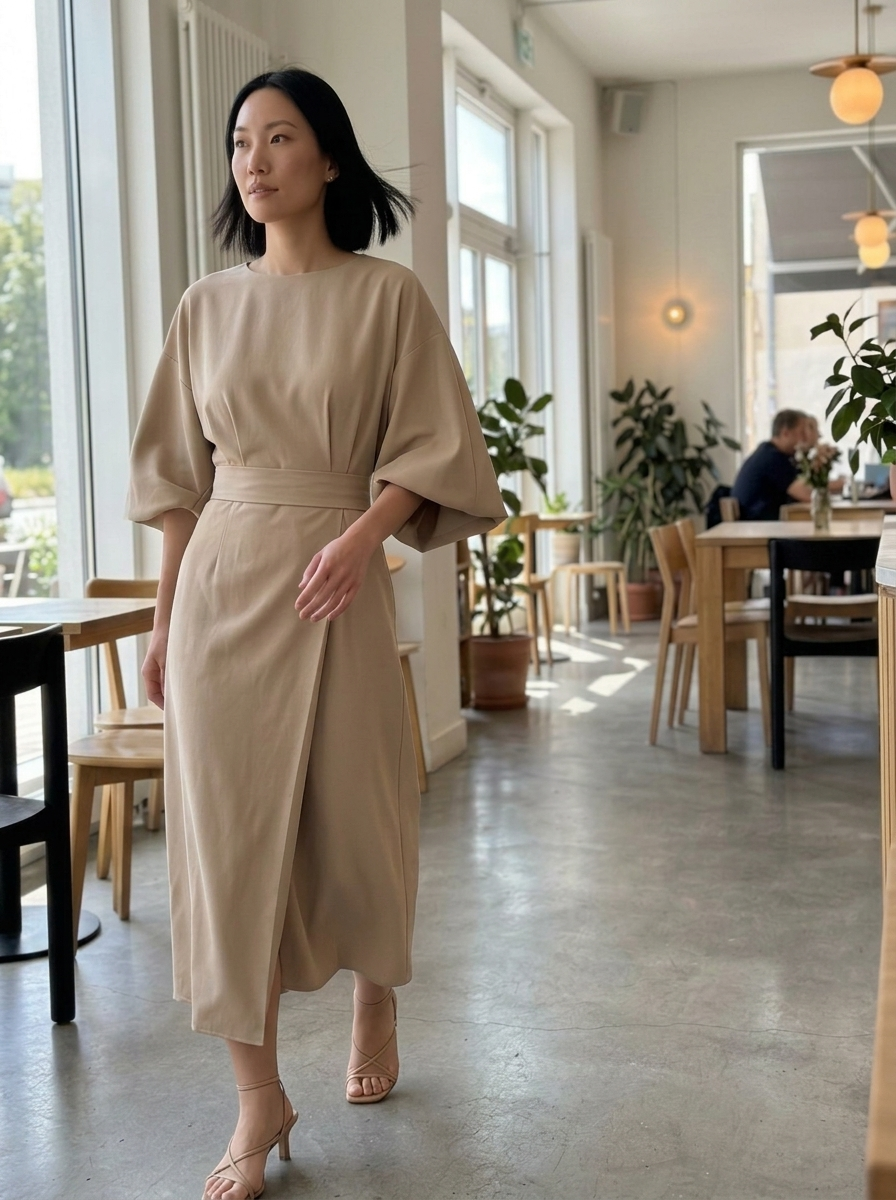 Structured Dolman Sleeve Wrap Midi Dress styled in a daylight interior setting