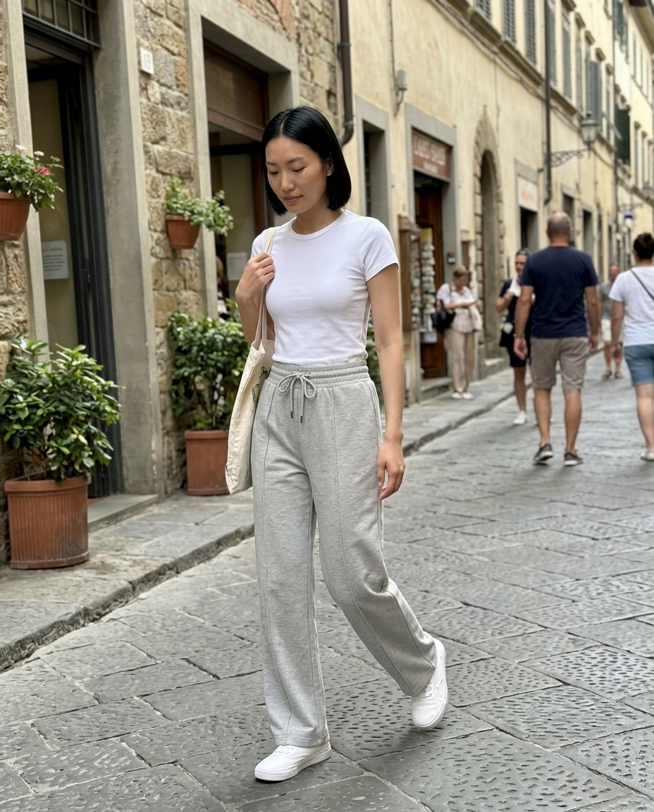 Sweatpants, Wide-Leg Jersey Drawstring worn in an everyday street setting