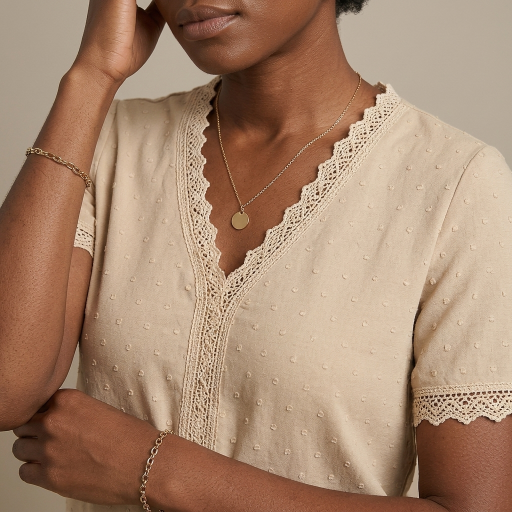 Close-up of Swiss Dot V-Neck Lace Trim Blouse detail