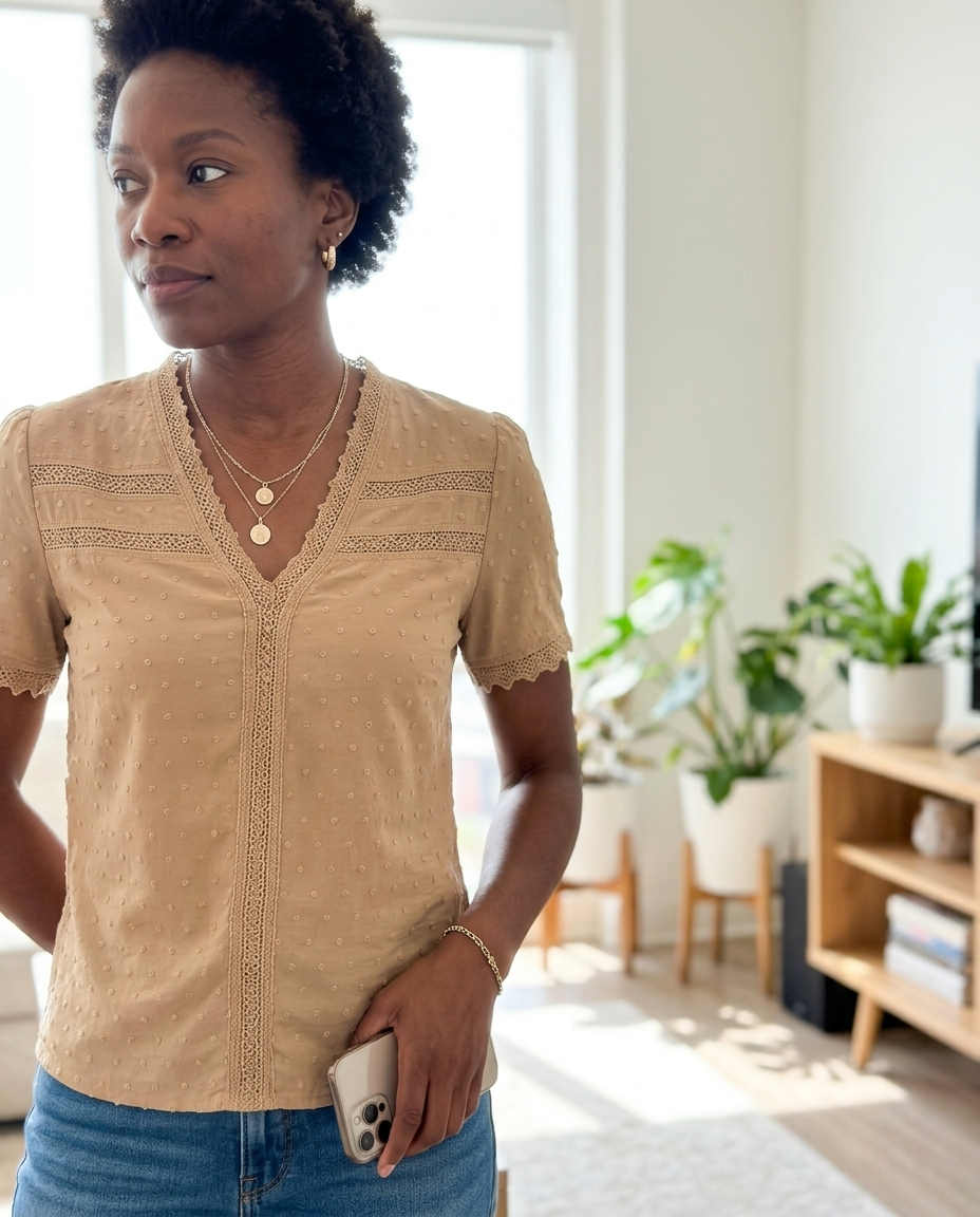 Swiss Dot V-Neck Lace Trim Blouse styled in a daylight interior setting