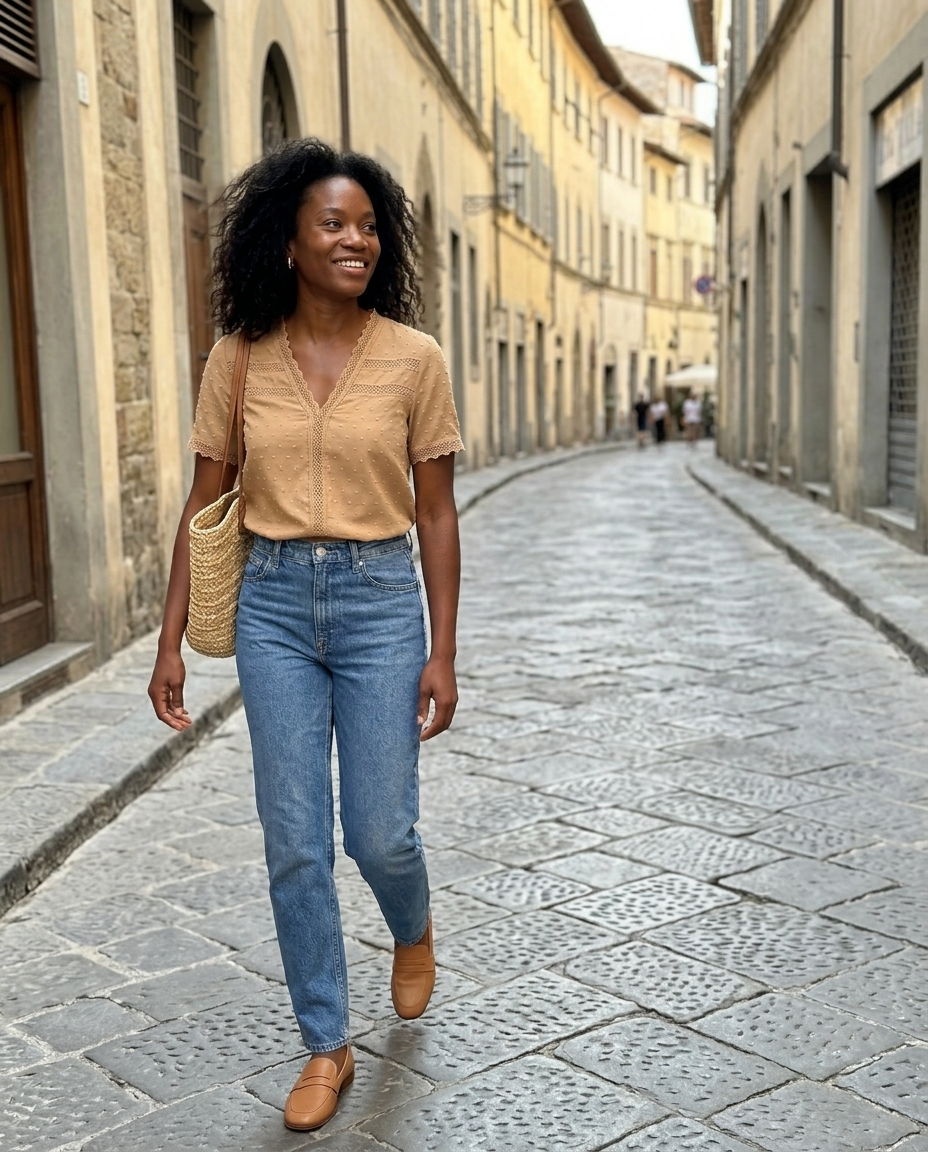 Swiss Dot V-Neck Lace Trim Blouse worn in an everyday street setting