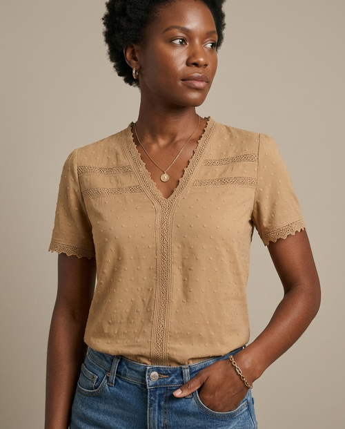 Swiss Dot V-Neck Lace Trim Blouse worn by a model, close waist-up view