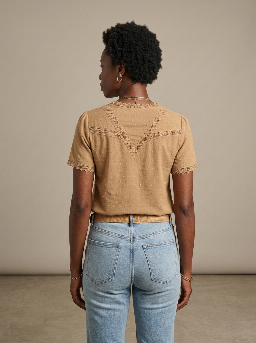 Swiss Dot V-Neck Lace Trim Blouse worn by a model, back view