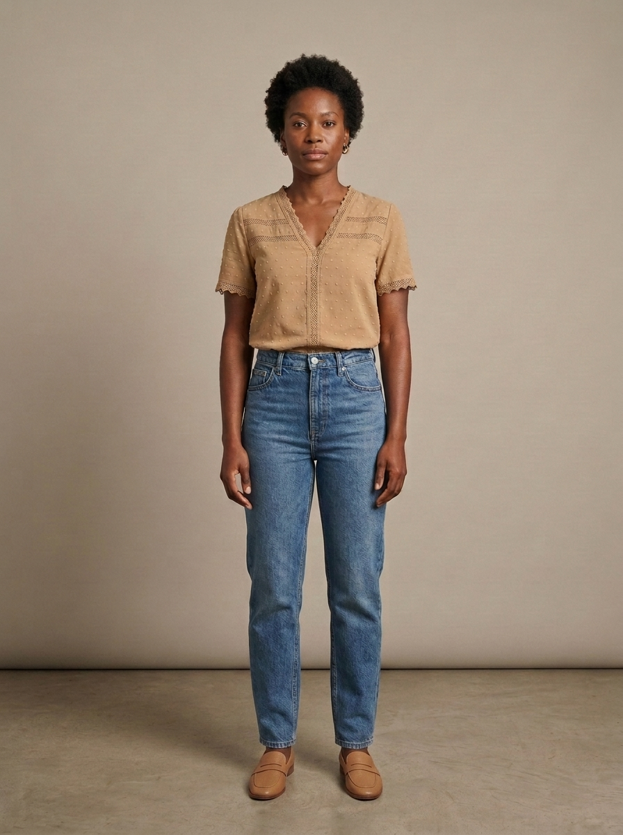 Swiss Dot V-Neck Lace Trim Blouse worn by a model, front view