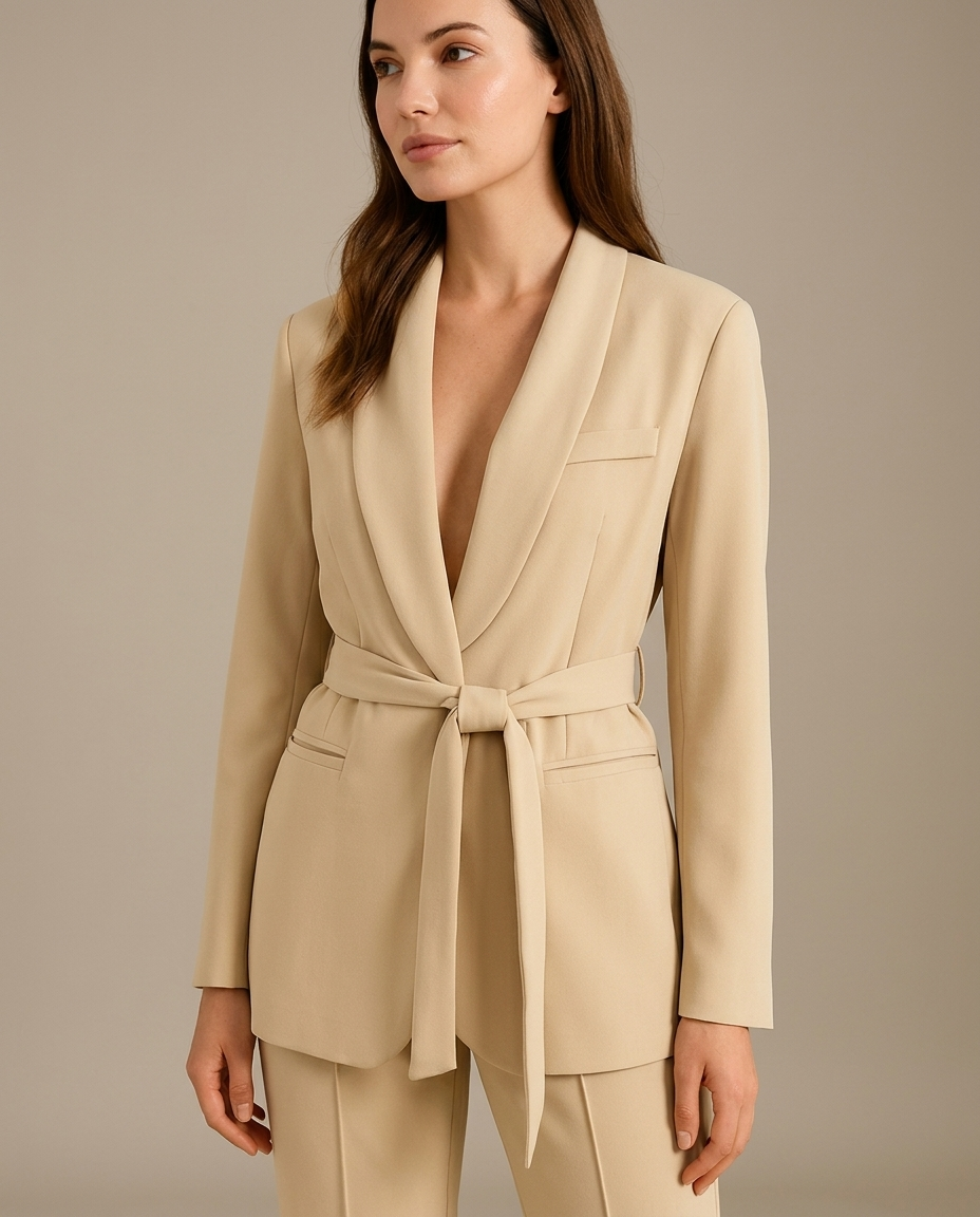 Tailored Beige Belted Shawl Lapel Suit Set worn by a model, close waist-up view