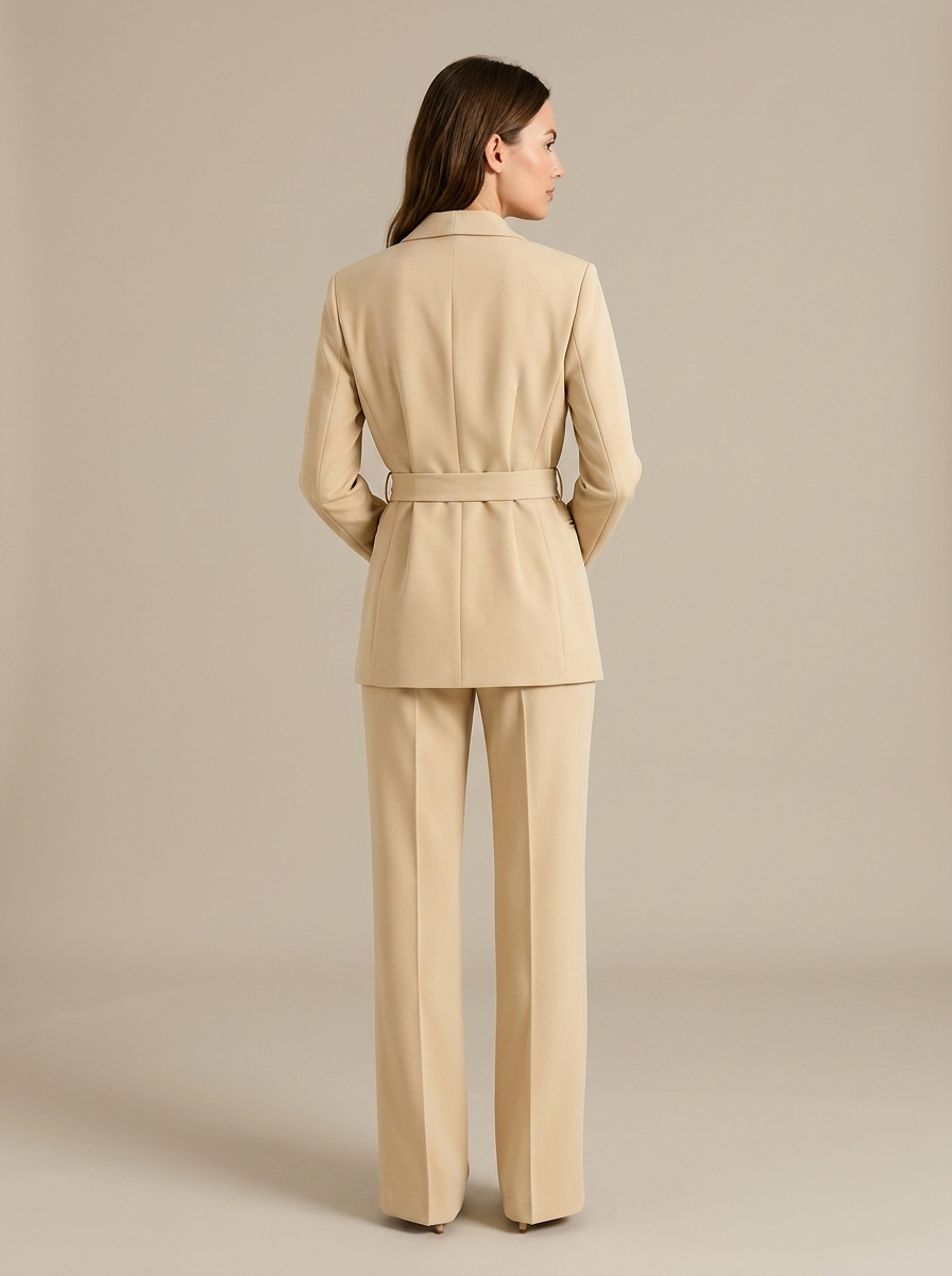 Tailored Beige Belted Shawl Lapel Suit Set worn by a model, back view