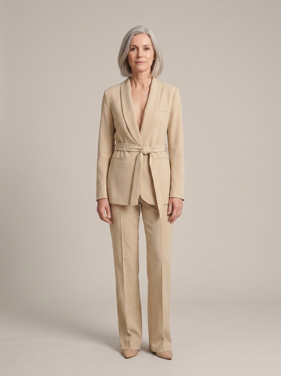 Tailored Beige Belted Shawl Lapel Suit Set worn by a model, front view
