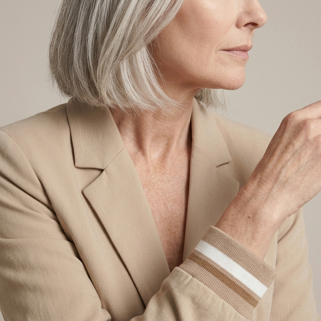 Close-up of Tan Striped Cuff Blazer Wide Leg Trousers Set detail