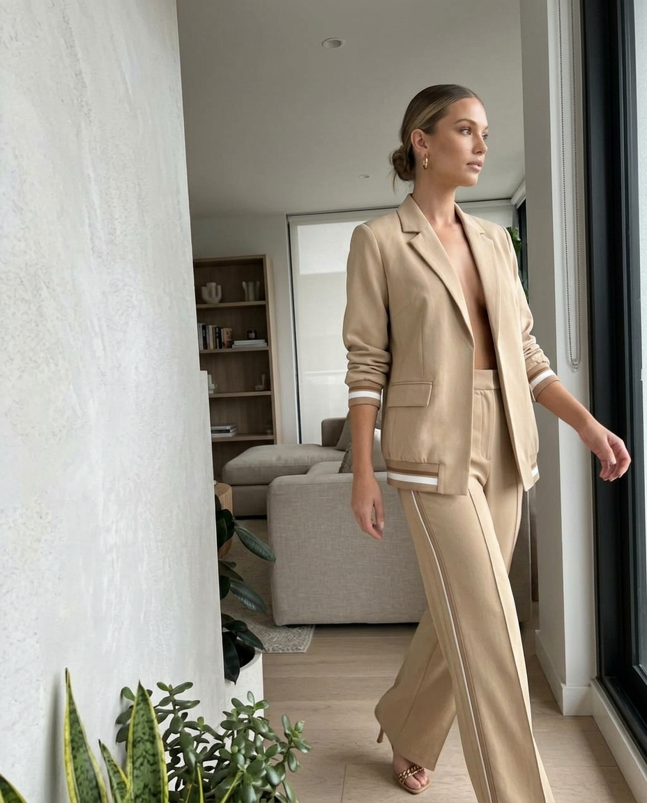 Tan Striped Cuff Blazer Wide Leg Trousers Set styled in a daylight interior setting