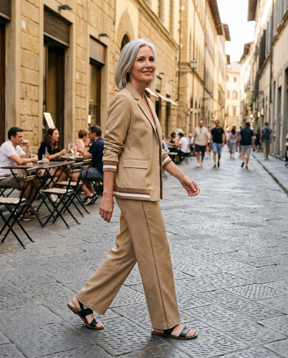 Tan Striped Cuff Blazer Wide Leg Trousers Set worn in an everyday street setting