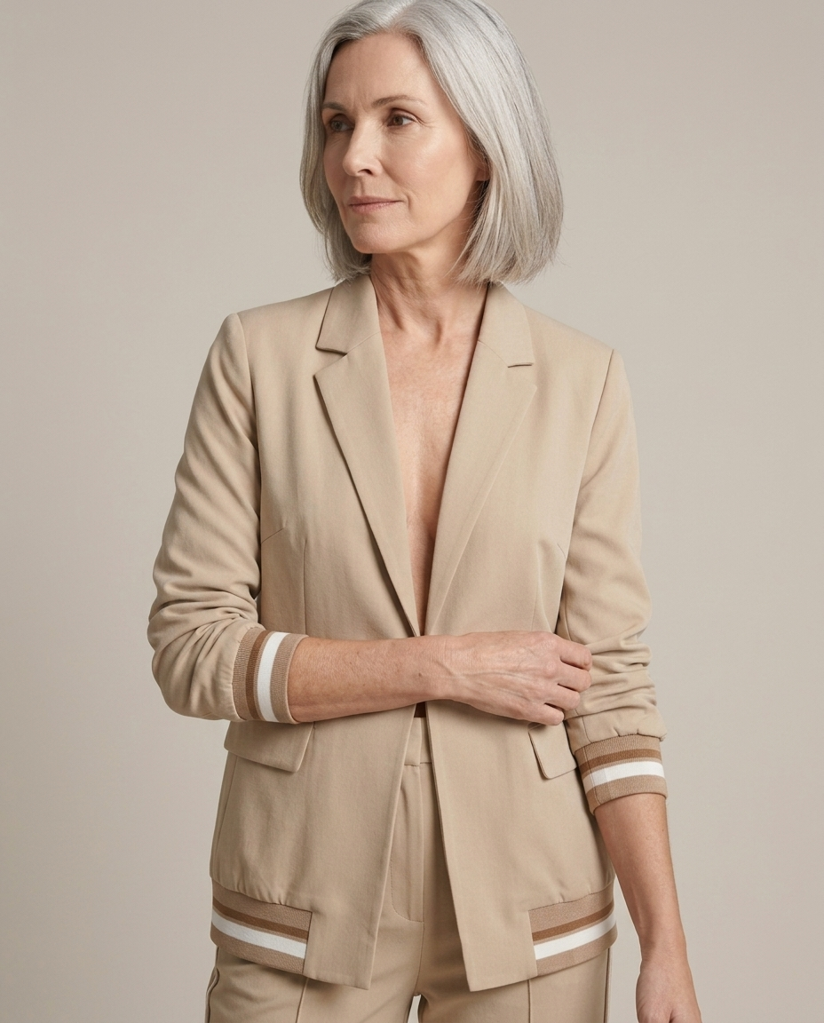 Tan Striped Cuff Blazer Wide Leg Trousers Set worn by a model, close waist-up view