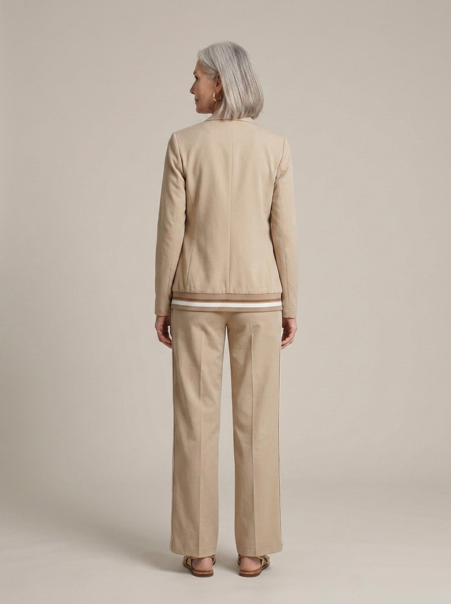 Tan Striped Cuff Blazer Wide Leg Trousers Set worn by a model, back view