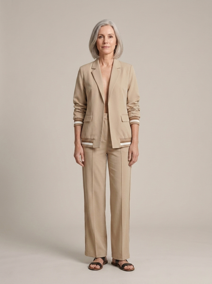 Tan Striped Cuff Blazer Wide Leg Trousers Set worn by a model, front view