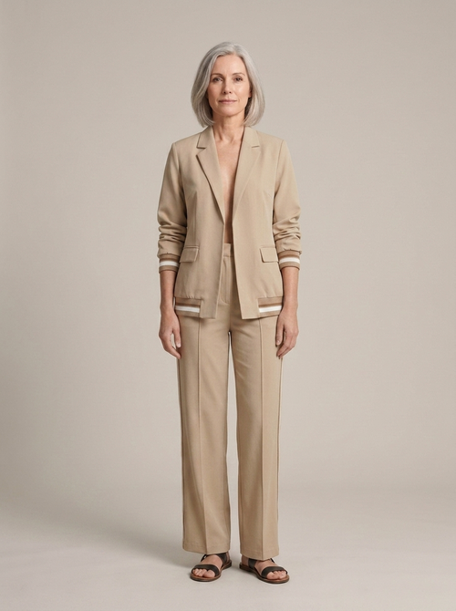 Tan Striped Cuff Blazer Wide Leg Trousers Set worn by a model, front view