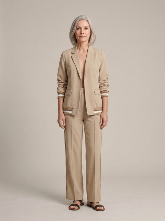 Tan Striped Cuff Blazer Wide Leg Trousers Set worn by a model, front view