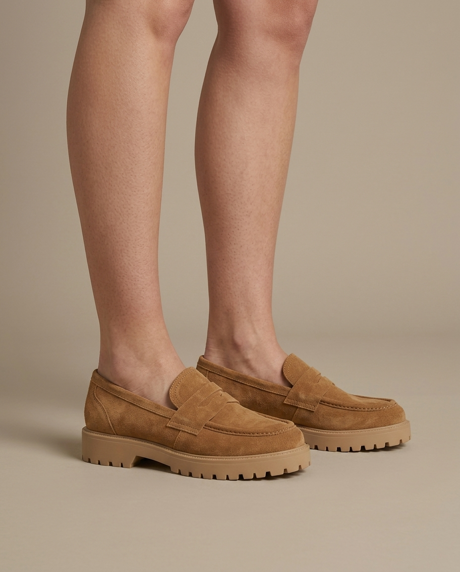 Tan Suede Chunky Platform Loafer on the foot
