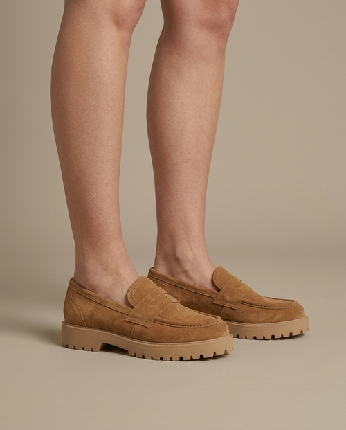 Tan Suede Chunky Platform Loafer on the foot