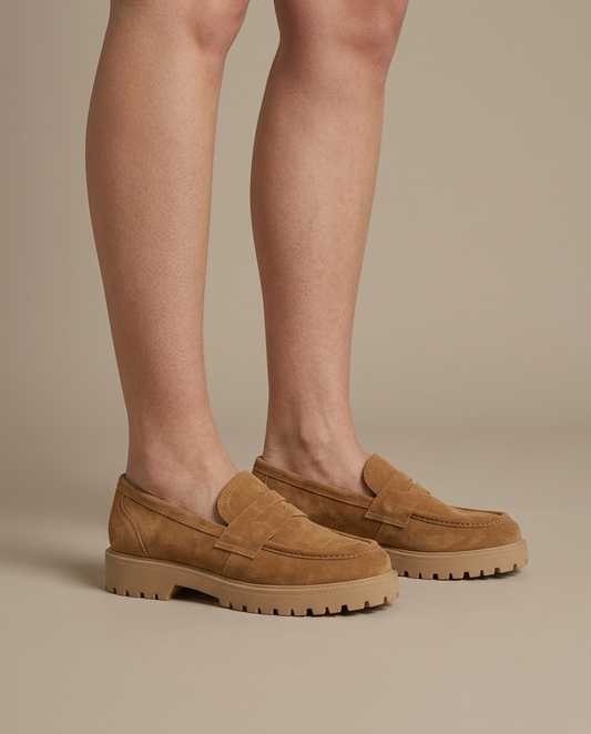 Tan Suede Chunky Platform Loafer on the foot