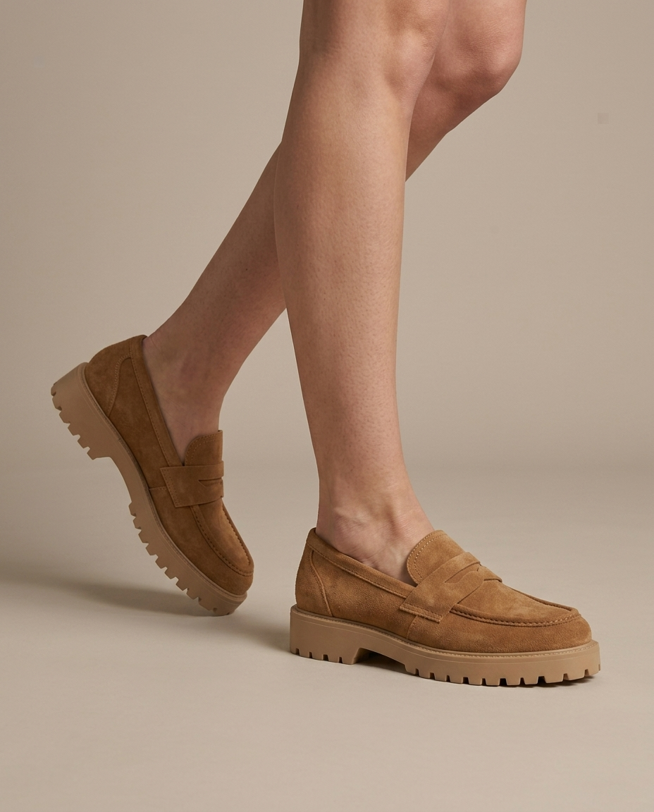 Tan Suede Chunky Platform Loafer worn, walking