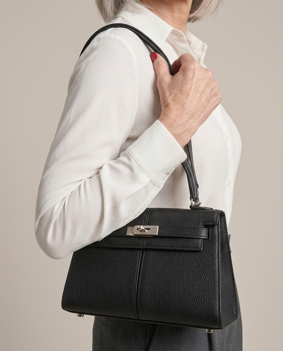 Black Structured Grained-Leather Top-Handle Bag carried by a model