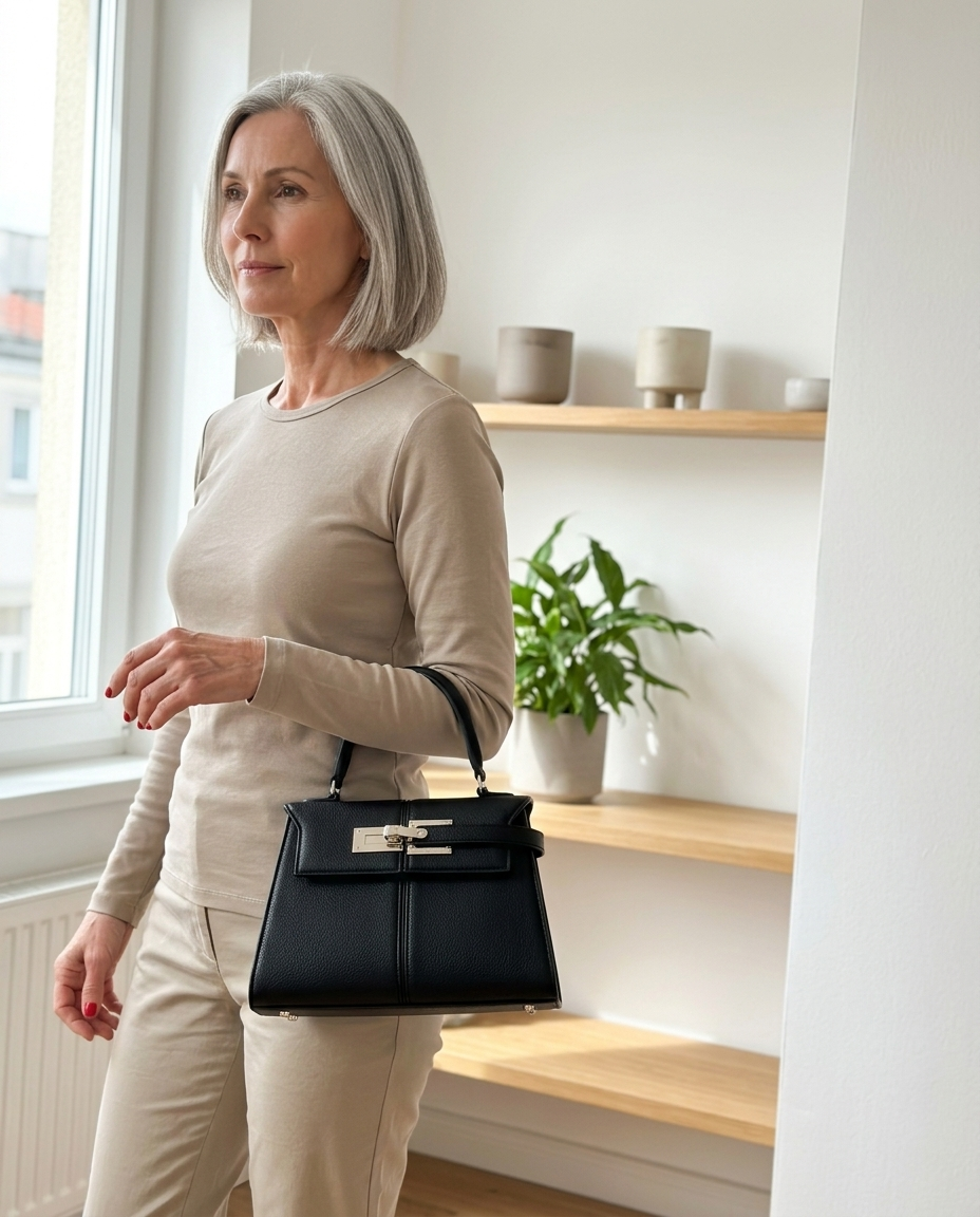 Top Handle Bag Structured Grained Leather Black styled in a daylight interior setting