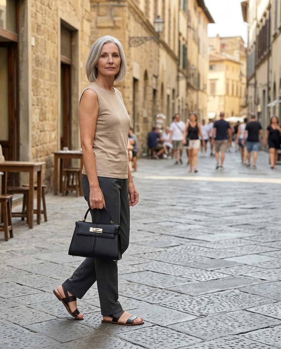 Black Structured Grained-Leather Top-Handle Bag worn in an everyday street setting