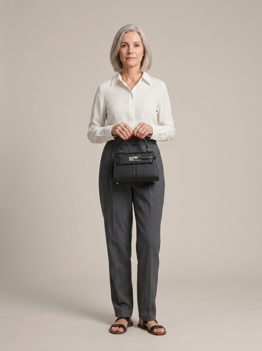 Top Handle Bag Structured Grained Leather Black worn by a model, front view