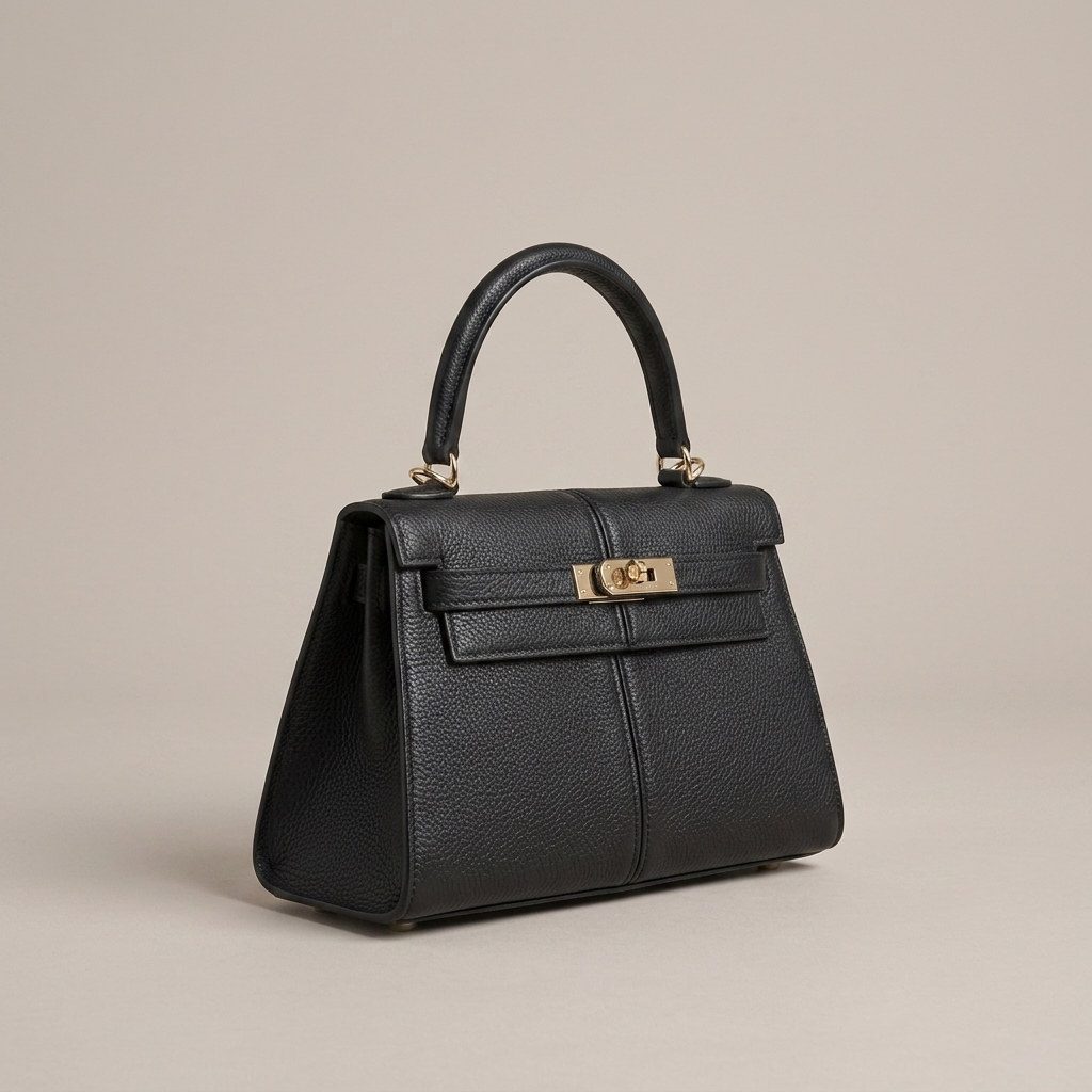 Close-up of Black Structured Grained-Leather Top-Handle Bag