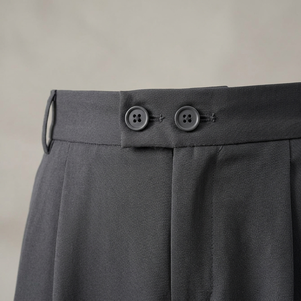 Close-up of Trousers, Dark Grey Pleated Wide Leg, Double Button fabric and detailing