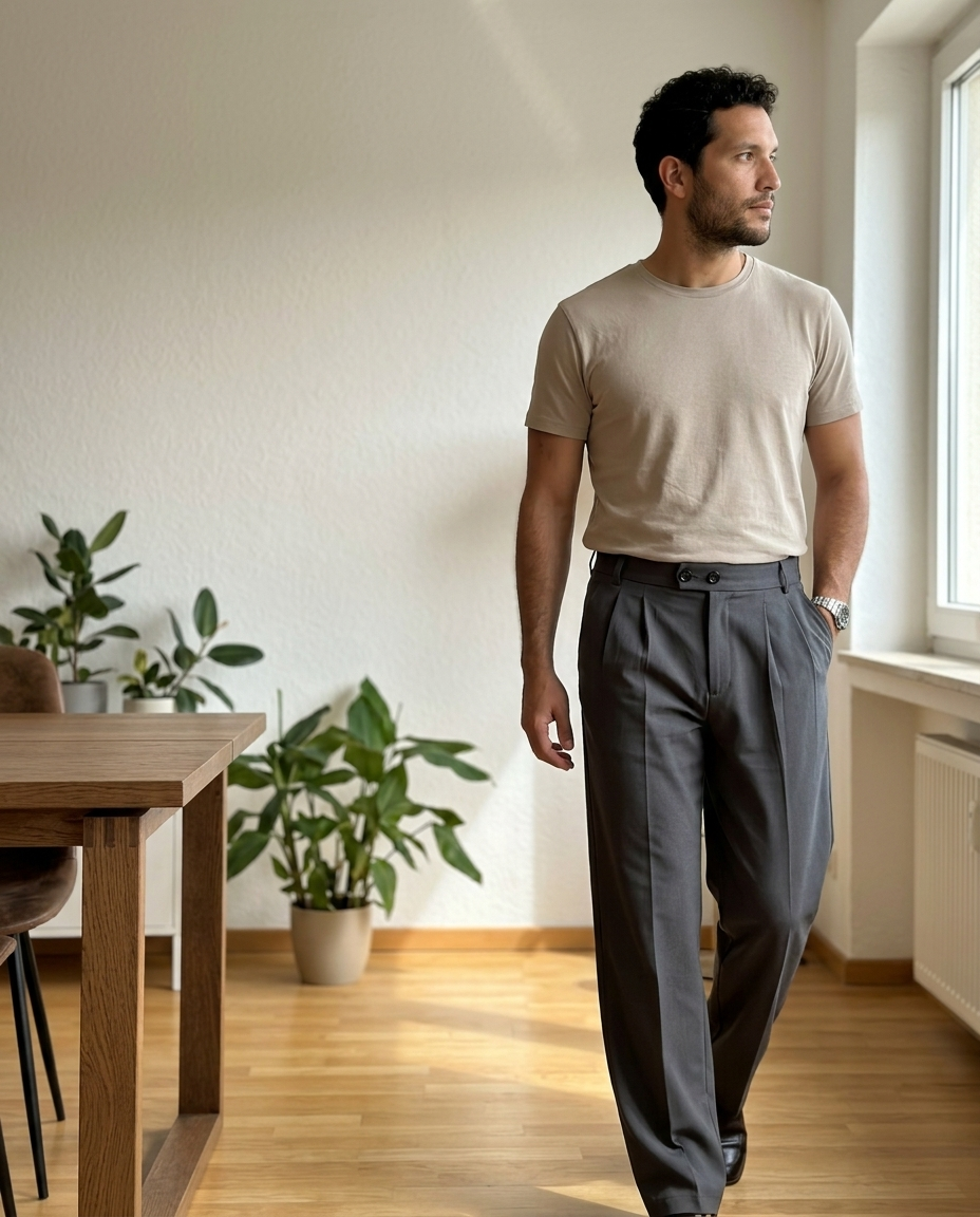 Trousers, Dark Grey Pleated Wide Leg, Double Button styled in a daylight interior setting