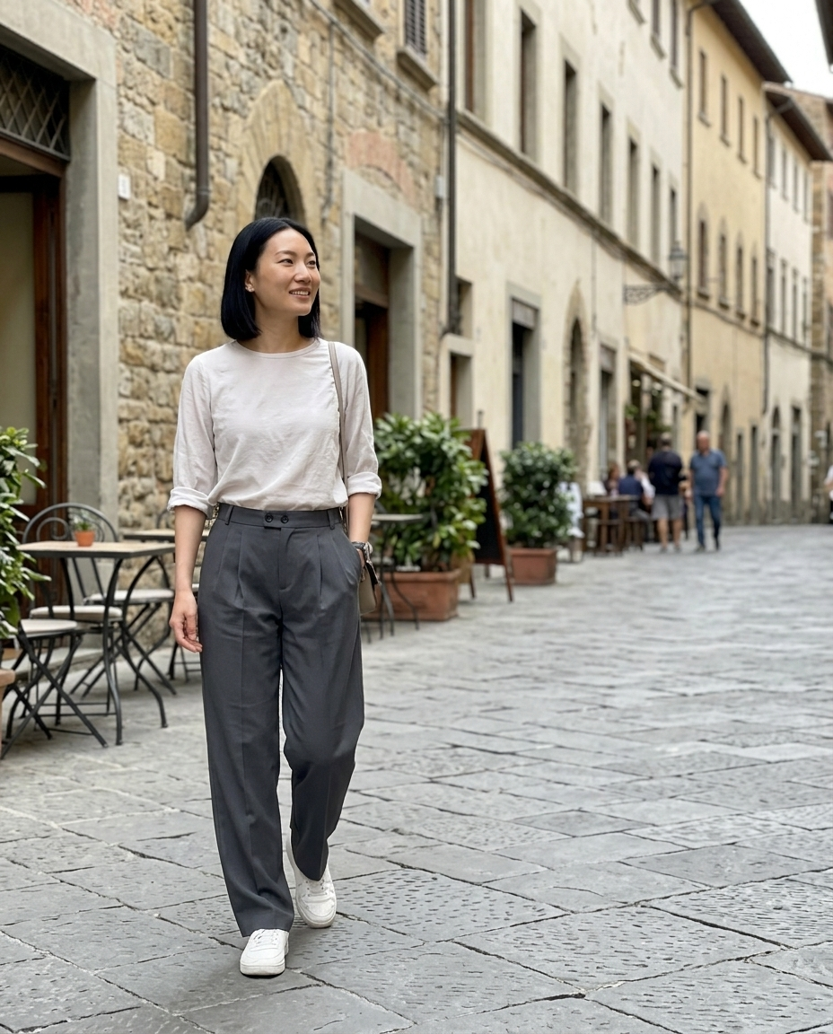 Dark Grey Pleated Wide-Leg Double-Button Trousers worn in an everyday street setting