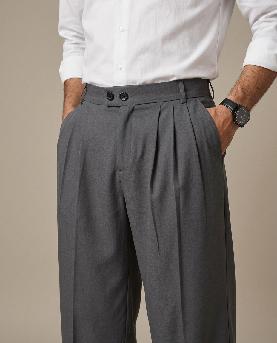 Trousers, Dark Grey Pleated Wide Leg, Double Button worn by a model, close waist-up view