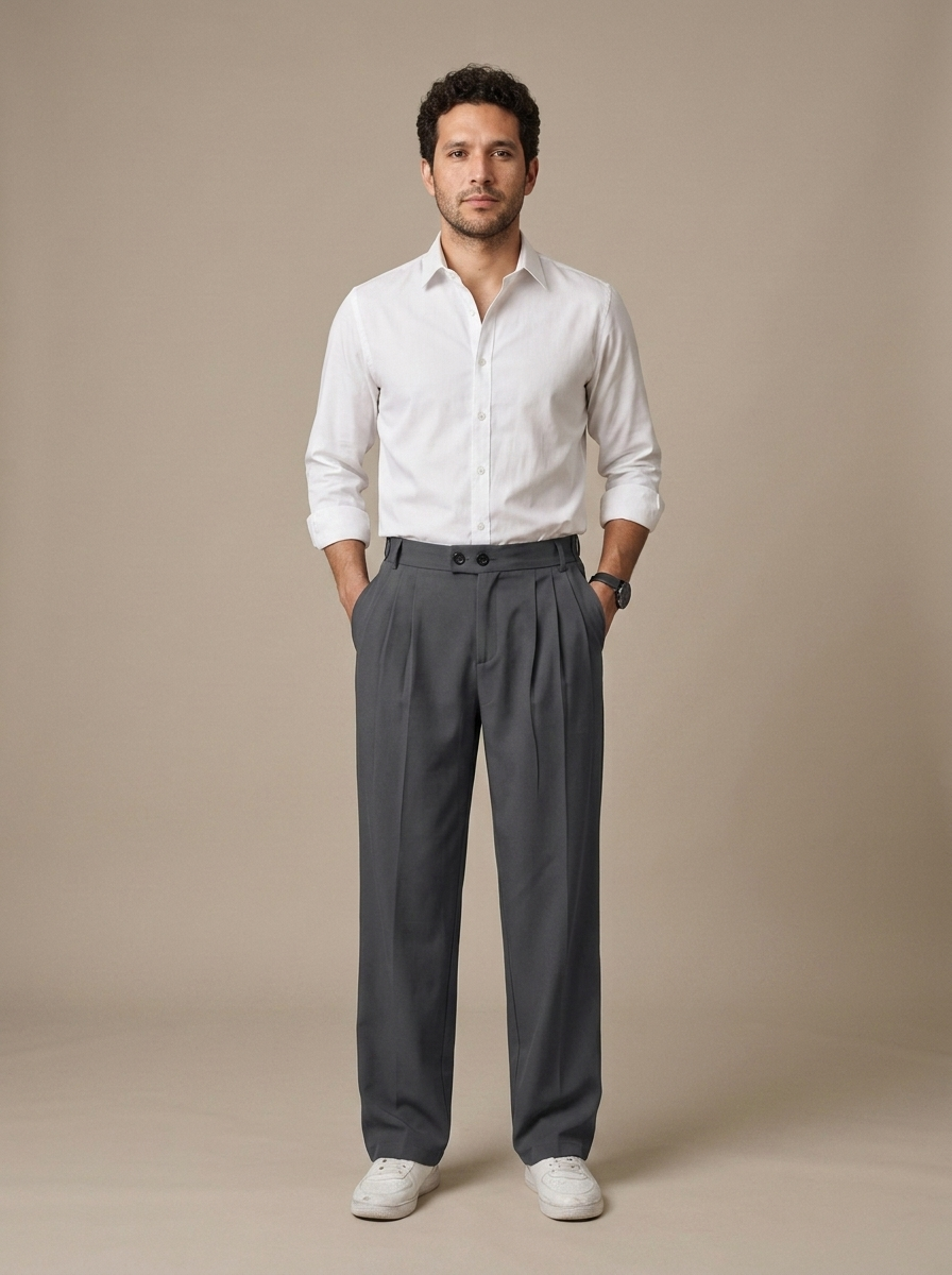 Trousers, Dark Grey Pleated Wide Leg, Double Button worn by a model, front view