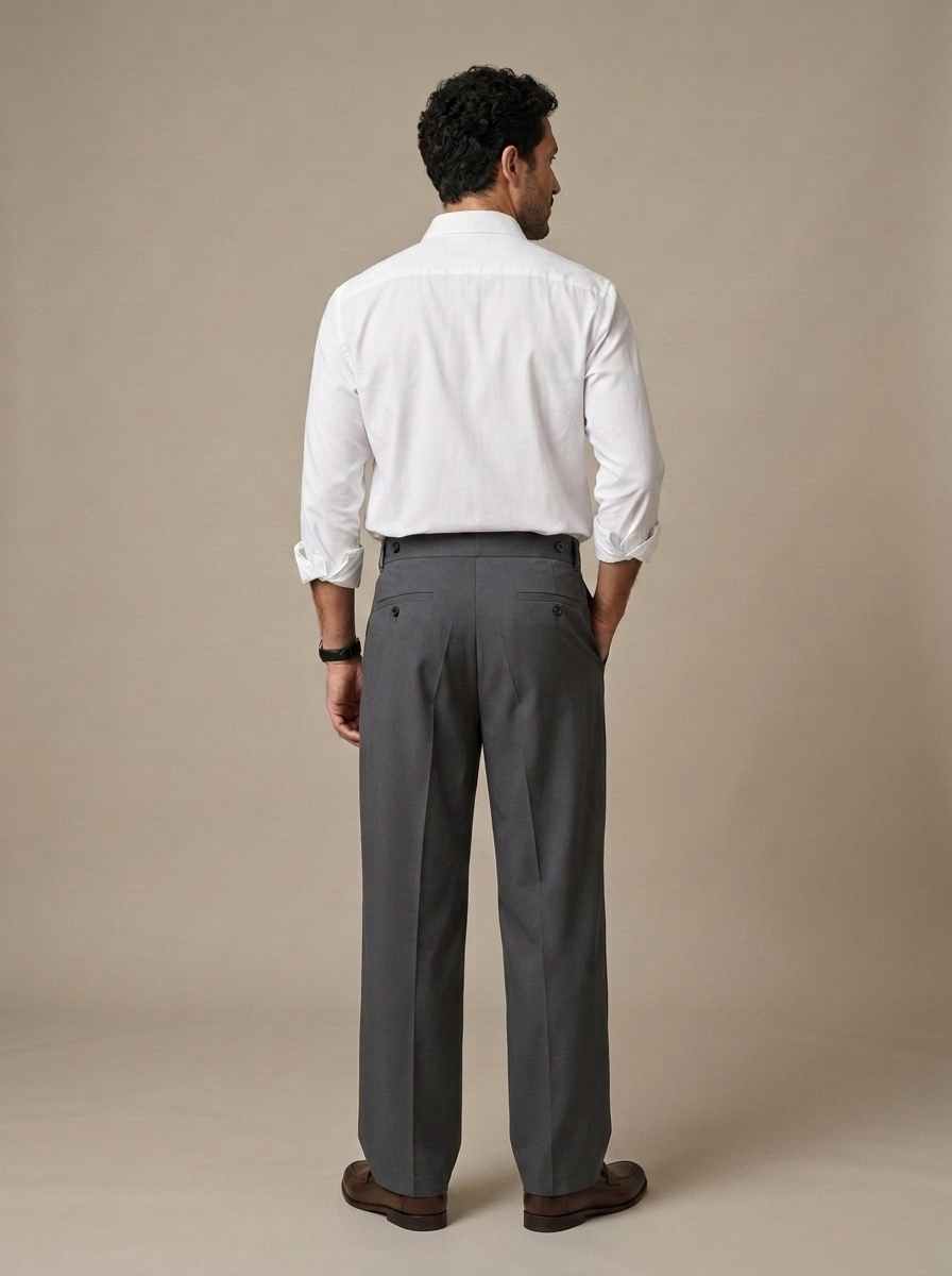 Trousers, Dark Grey Pleated Wide Leg, Double Button worn by a model, back view