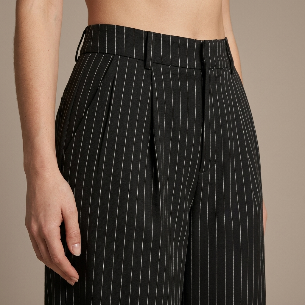 Close-up of Trousers Pinstripe Pleated Wide Leg detail