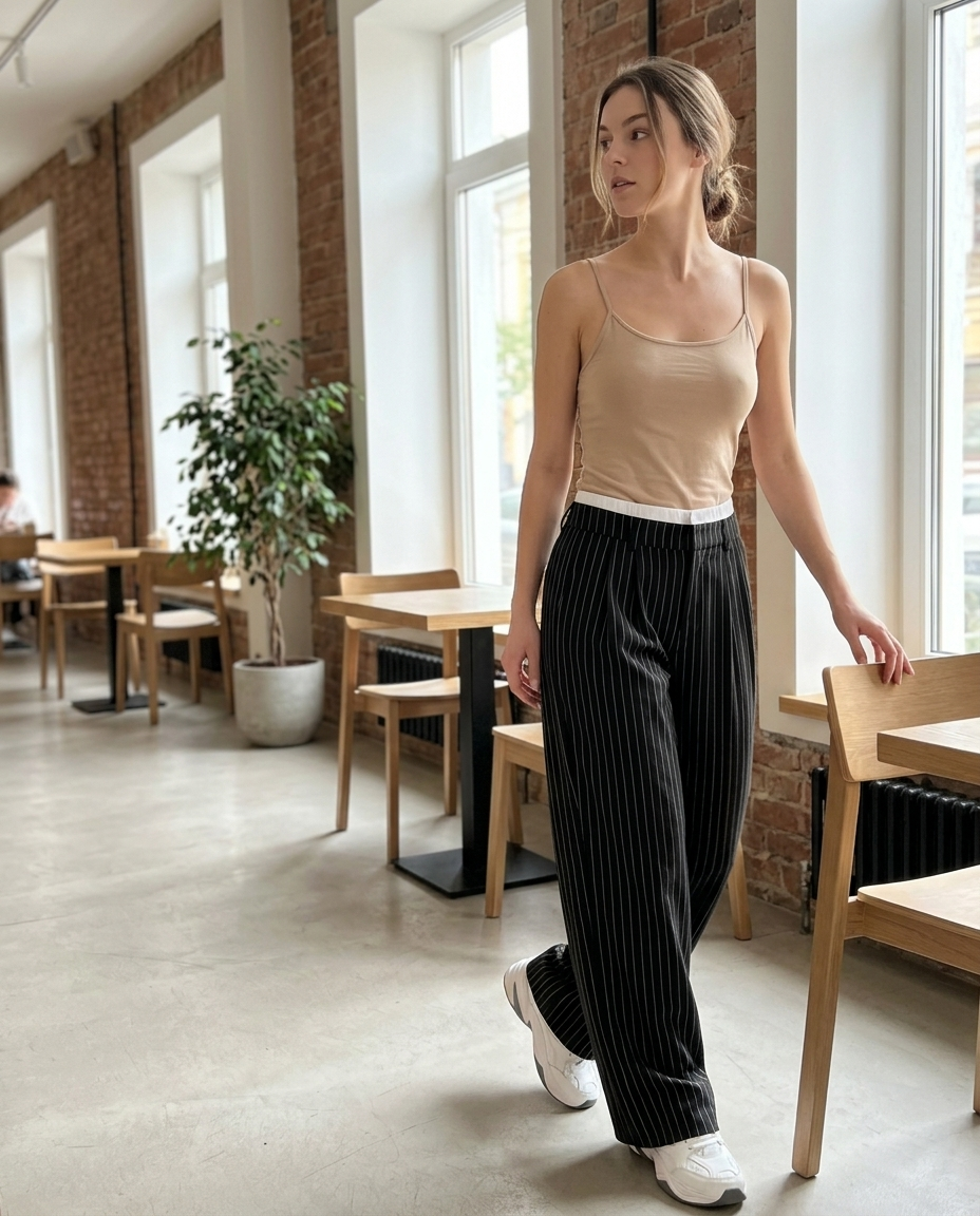 Trousers Pinstripe Pleated Wide Leg styled in a daylight interior setting