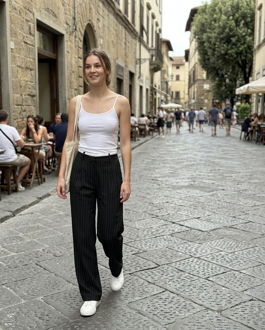Trousers Pinstripe Pleated Wide Leg worn in an everyday street setting