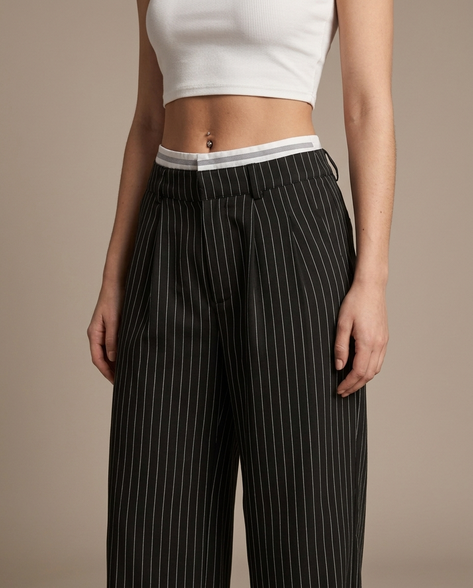 Trousers Pinstripe Pleated Wide Leg worn by a model, close waist-up view