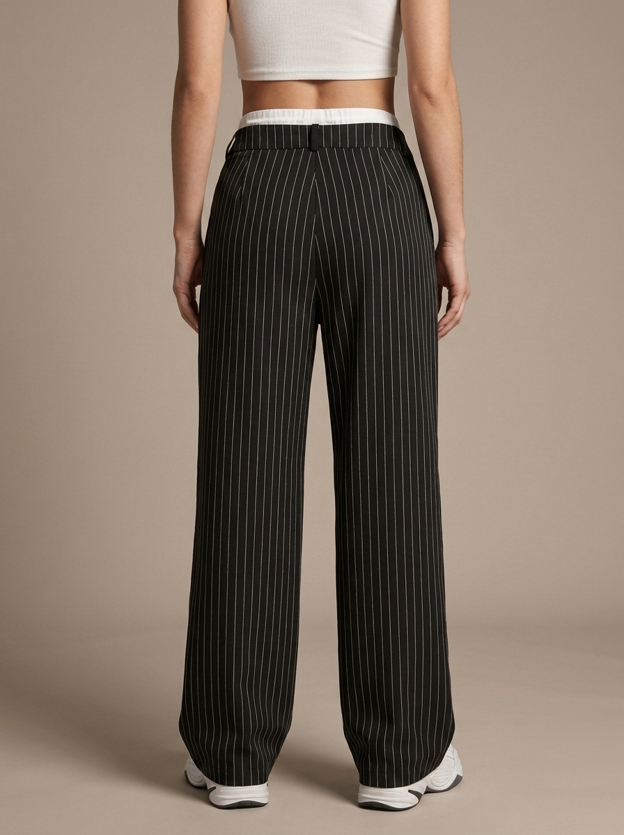 Trousers Pinstripe Pleated Wide Leg worn by a model, back view